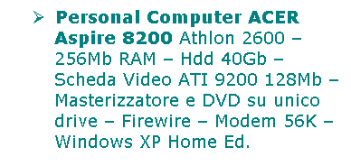 Casella di testo:      Personal Computer ACER Aspire 8200 Athlon 2600  256Mb RAM  Hdd 40Gb  Scheda Video ATI 9200 128Mb  Masterizzatore e DVD su unico drive  Firewire  Modem 56K  Windows XP Home Ed.
 
